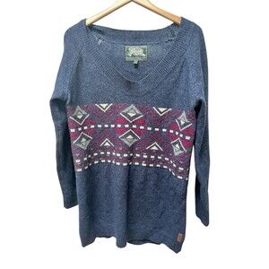 Roots Fair Isle Lambswool Sweater Long Tunic Length Women's Sz Large Blue V-Neck